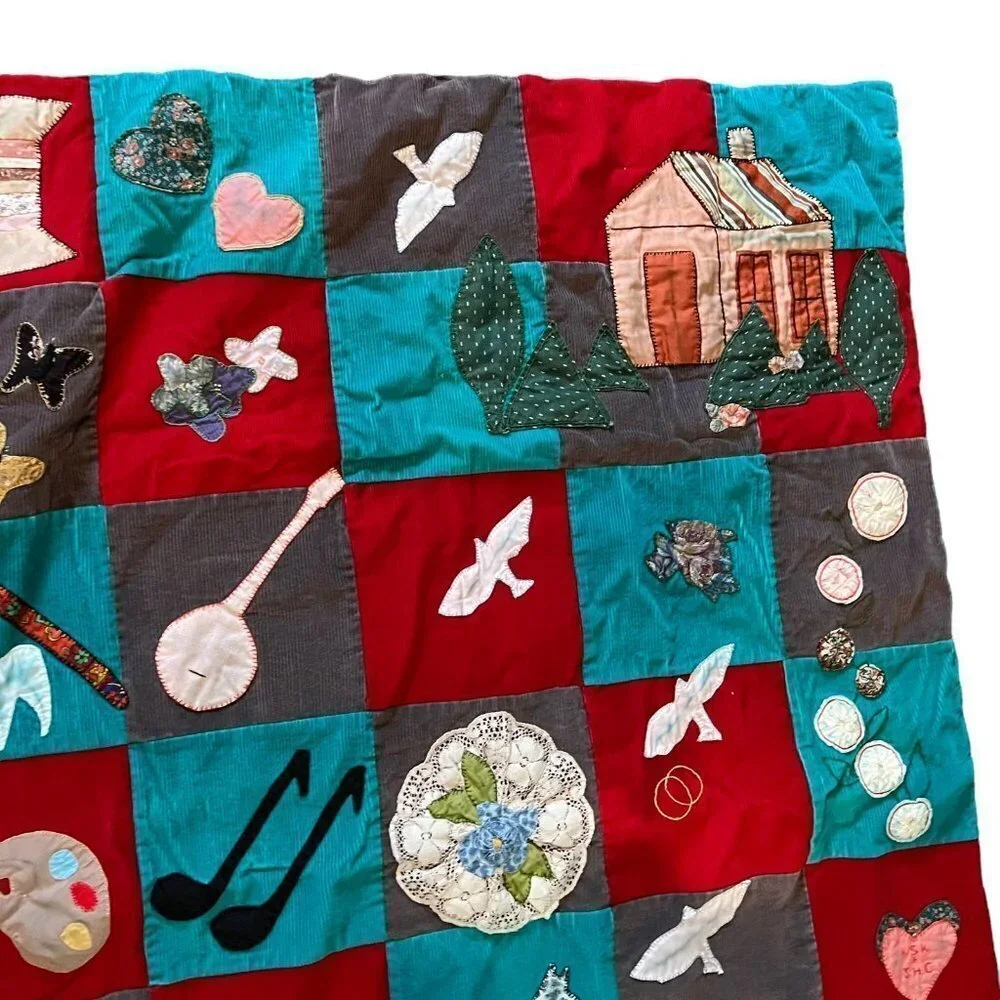 Handmade Quilt Throw Corduroy Home Family Dogs Birds Doves 66‎ x 51